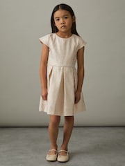 Reiss Ivory Nia 9-13 yrs Brocade Cap-Sleeve Pleated Dress - Image 1 of 4