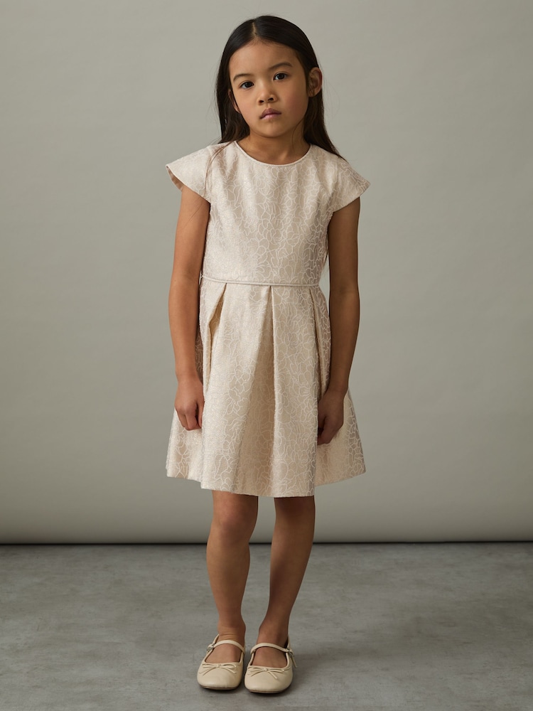 Reiss Ivory Nia 9-13 yrs Brocade Cap-Sleeve Pleated Dress - Image 1 of 4