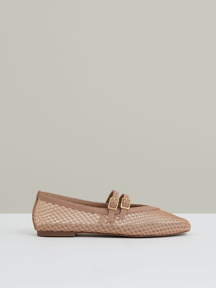 Reiss Neutral Elspeth Mesh Double-Strap Ballet Flats - Image 1 of 6