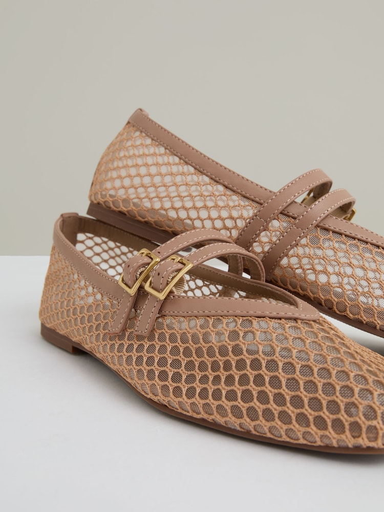 Reiss Neutral Elspeth Mesh Double-Strap Ballet Flats - Image 6 of 6