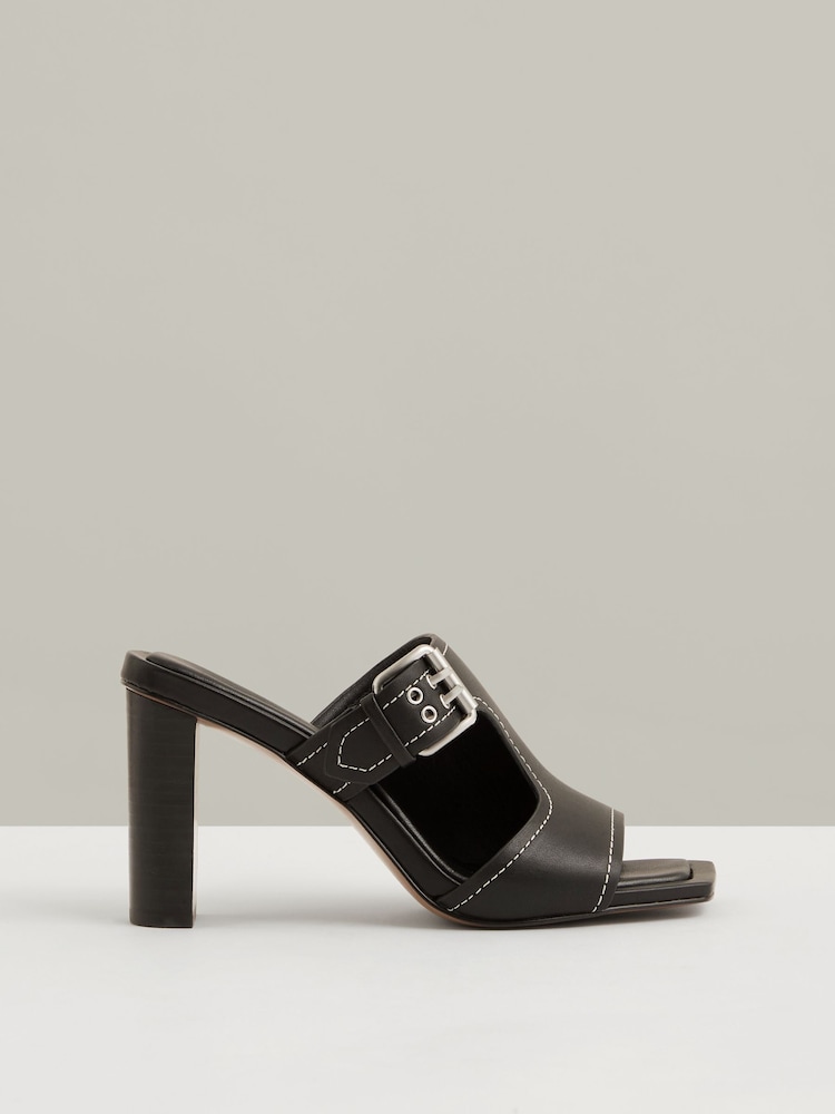 Reiss Black Lydia Leather Buckle Block-Heel Sandals - Image 1 of 4