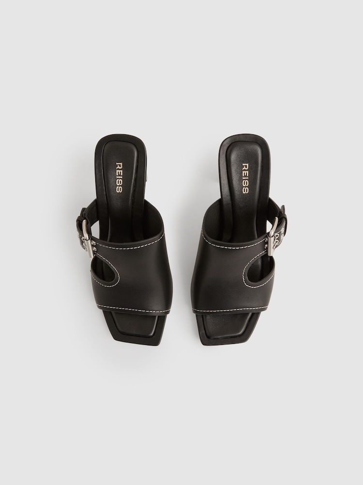 Reiss Black Lydia Leather Buckle Block-Heel Sandals - Image 2 of 4