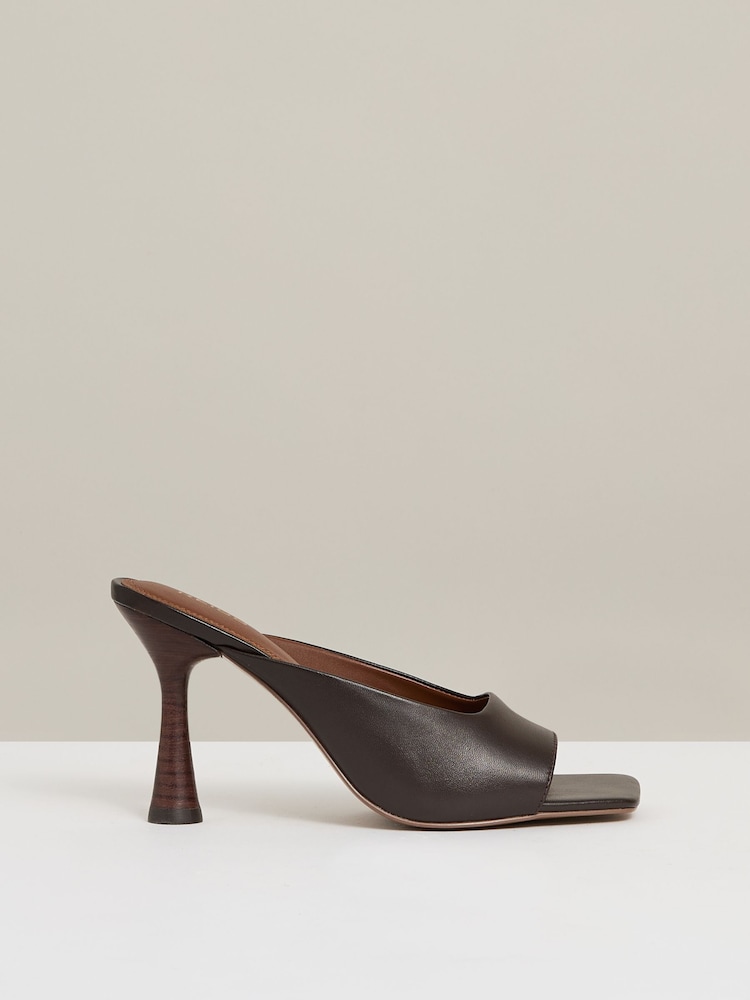Reiss Chocolate Justine Leather Heeled Mules - Image 1 of 5