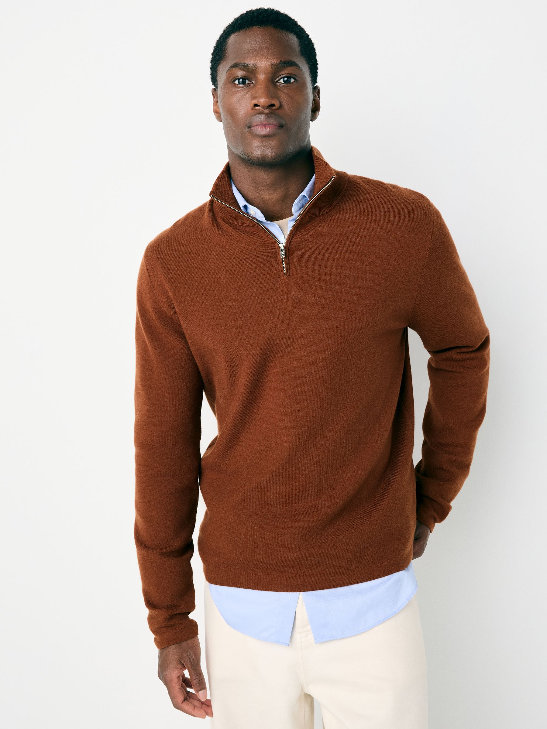 Buy Rust Brown Regular Fit Premium Mid Weight Zip Neck Jumper from