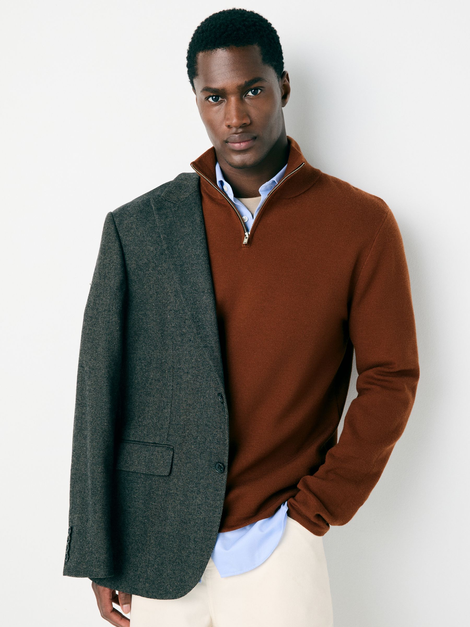 Buy Rust Brown Regular Fit Premium Mid Weight Zip Neck Jumper from