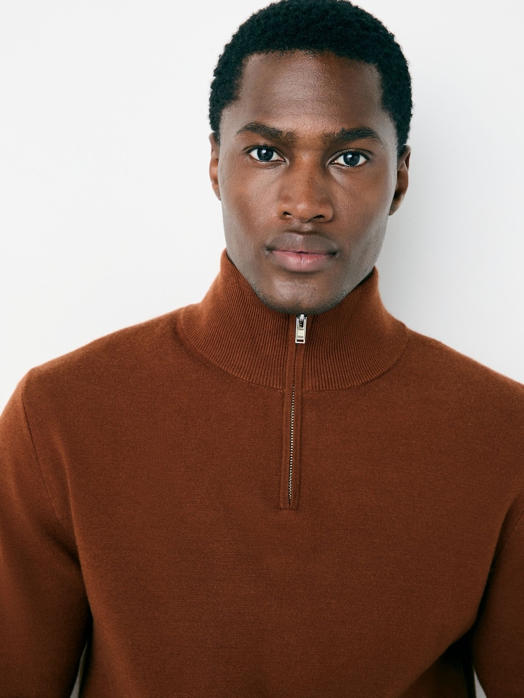 Buy Rust Brown Regular Fit Premium Mid Weight Zip Neck Jumper from Next ...