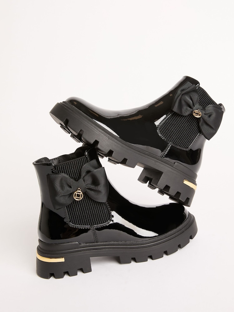 Lipsy Black Faux Leather Patent Chelsea Ankle Boots with Bow - Image 1 of 5 Lipsy Black Faux Leather Patent Chelsea Ankle Boots with Bow - Image 1 of 5