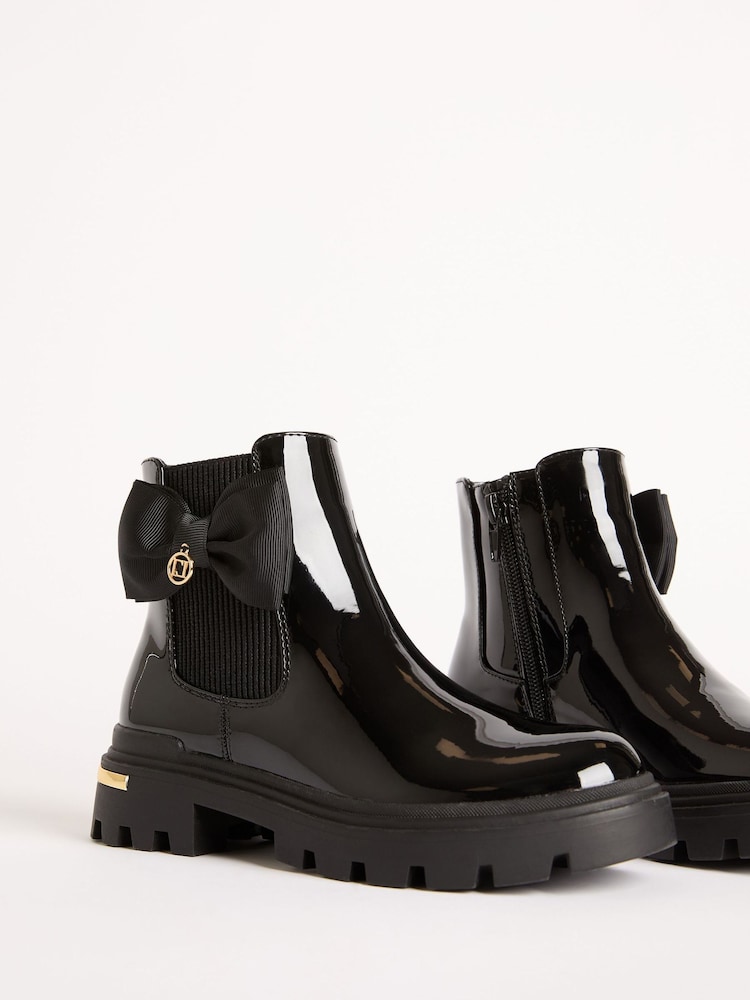 Lipsy Black Faux Leather Patent Chelsea Ankle Boots with Bow - Image 2 of 5 Lipsy Black Faux Leather Patent Chelsea Ankle Boots with Bow - Image 2 of 5