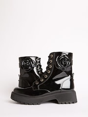 Lipsy Black Faux Leather Patent Lace Up Chunky Boots with Corsage - Image 1 of 4