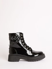 Lipsy Black Faux Leather Patent Lace Up Chunky Boots with Corsage - Image 2 of 4