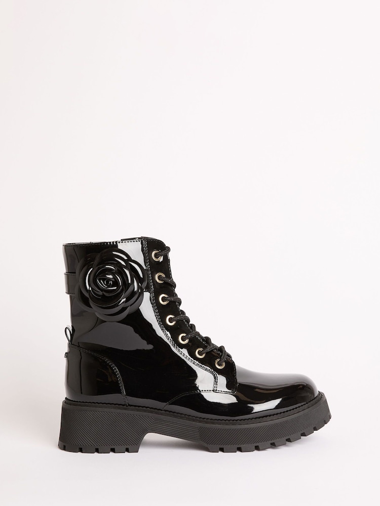 Lipsy Black Faux Leather Patent Lace Up Chunky Boots with Corsage - Image 2 of 4