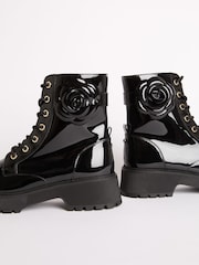 Lipsy Black Faux Leather Patent Lace Up Chunky Boots with Corsage - Image 4 of 4