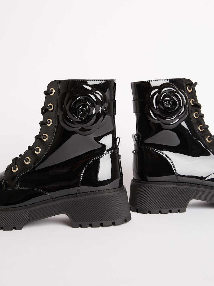 Lipsy Black Faux Leather Patent Lace Up Chunky Boots with Corsage - Image 4 of 4 Lipsy Black Faux Leather Patent Lace Up Chunky Boots with Corsage - Image 4 of 4