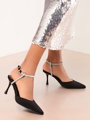 Lipsy Black Wide Fit Faux Suede Embellished 2 part Mid Heel Party Courts - Image 1 of 4