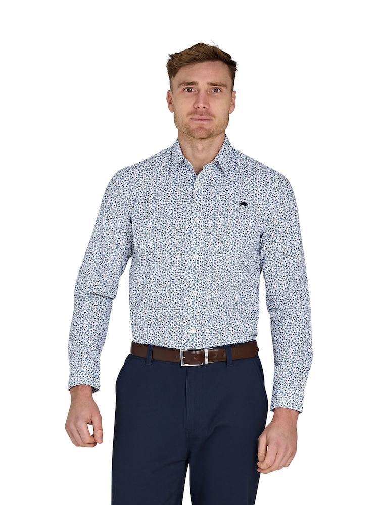Raging Bull Blue Long Sleeve Floral Print 100% Cotton Poplin Shirt - Image 1 of 5