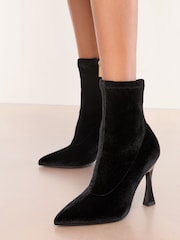 Black Lipsy Velvet High Heel Party Ankle Sock Boots - Image 1 of 4