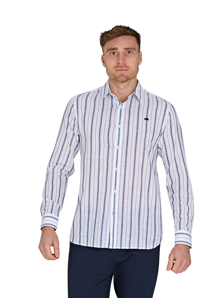 Raging Bull Long Sleeve Resort Stripe 100% Cotton Linen Look White Shirt - Image 1 of 5