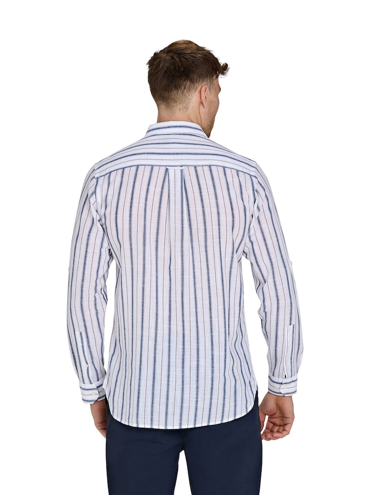 Raging Bull Long Sleeve Resort Stripe 100% Cotton Linen Look White Shirt - Image 2 of 5