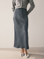 Charcoal Grey Satin Midi Skirt - Image 3 of 9