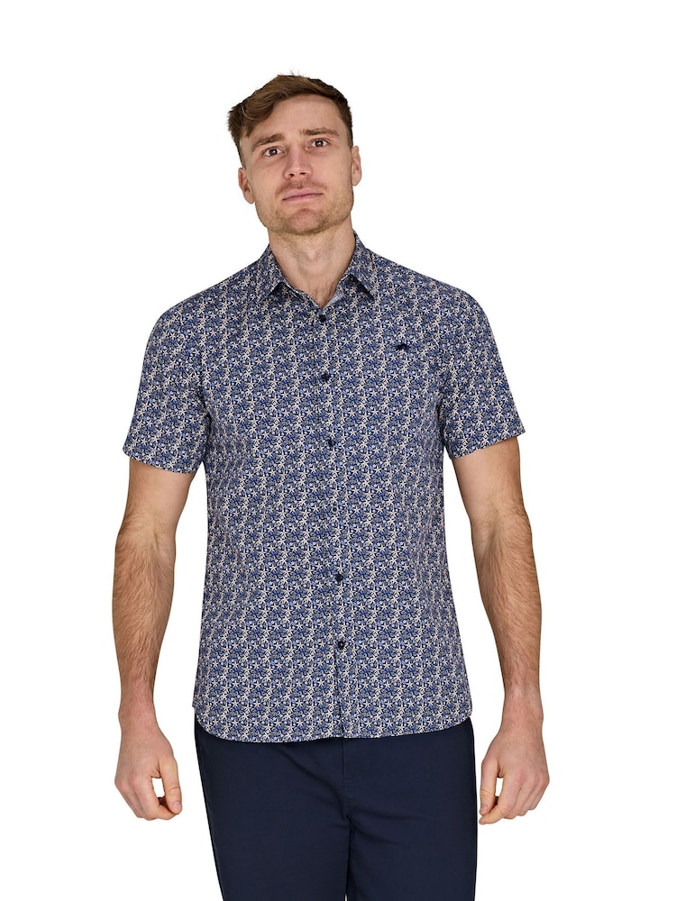 Raging Bull Blue Short Sleeve Tropical Palm 100% Cotton Poplin Shirt - Image 1 of 5