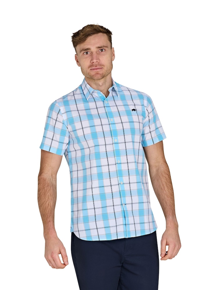 Raging Bull Blue Short Sleeve Multi Check 100% Cotton Shirt - Image 1 of 5