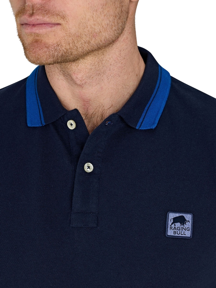Raging Bull Blue 100% Cotton Tipped Collar Polo Shirt - Image 3 of 5
