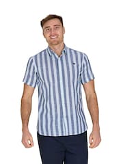Raging Bull Blue Short Sleeve Deck Stripe 100% Cotton Linen Look Shirt - Image 1 of 5