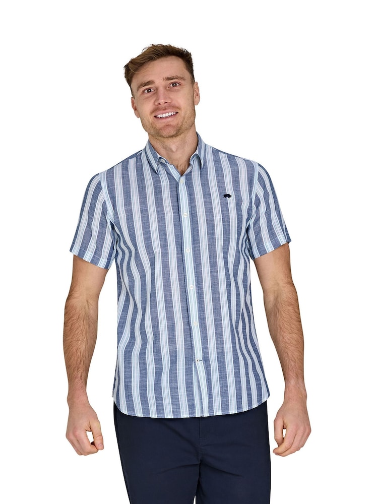 Raging Bull Blue Short Sleeve Deck Stripe 100% Cotton Linen Look Shirt - Image 1 of 5
