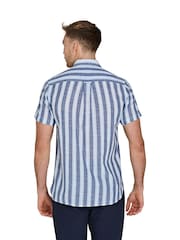Raging Bull Blue Short Sleeve Deck Stripe 100% Cotton Linen Look Shirt - Image 2 of 5