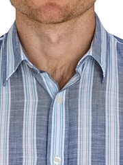 Raging Bull Blue Short Sleeve Deck Stripe 100% Cotton Linen Look Shirt - Image 3 of 5