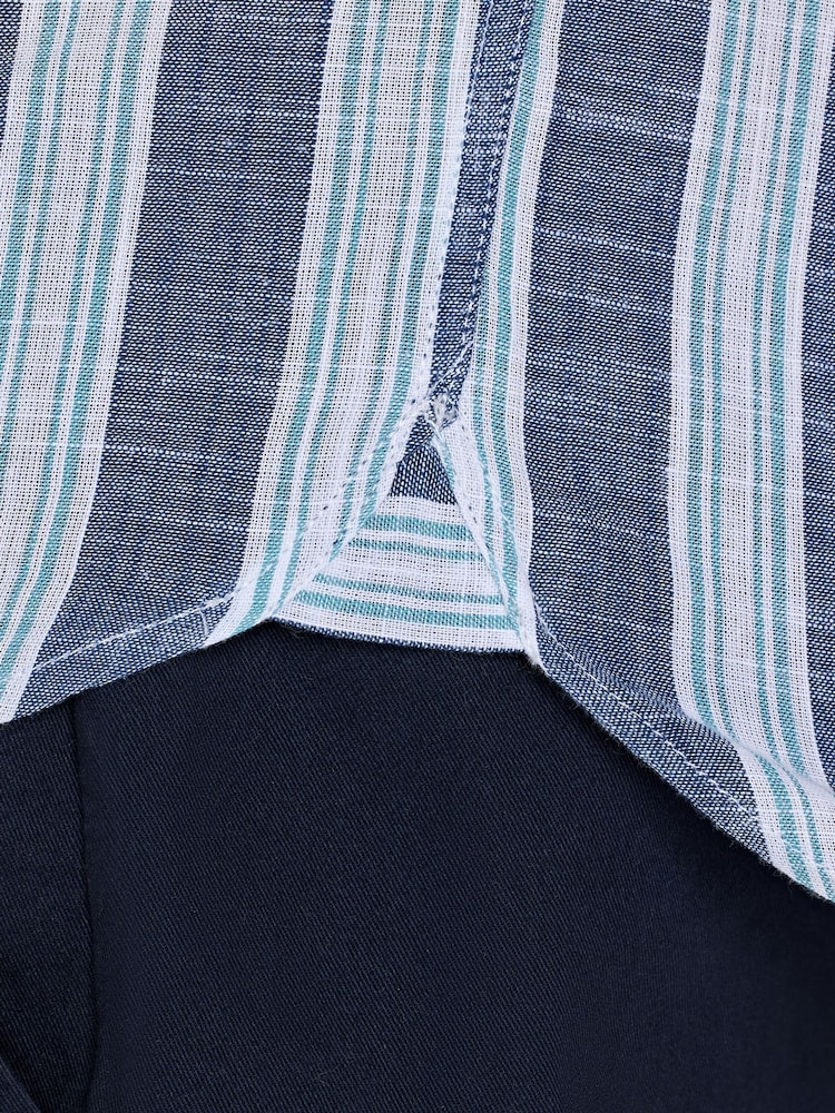 Raging Bull Blue Short Sleeve Deck Stripe 100% Cotton Linen Look Shirt - Image 4 of 5
