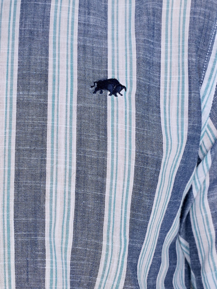 Raging Bull Blue Short Sleeve Deck Stripe 100% Cotton Linen Look Shirt - Image 5 of 5