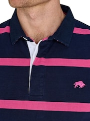 Raging Bull Blue 100% Cotton Short Sleeve Thin Stripe Rugby Shirt - صورة 3 من 5