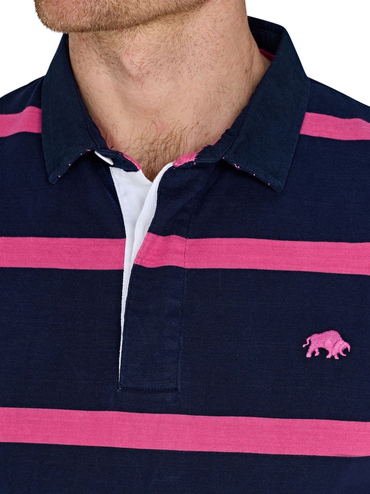 Raging Bull Blue 100% Cotton Short Sleeve Thin Stripe Rugby Shirt - Image 3 of 5