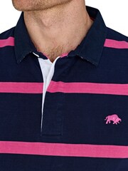 Raging Bull Blue 100% Cotton Short Sleeve Thin Stripe Rugby Shirt - صورة 4 من 5