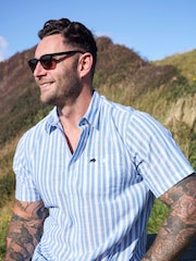 Raging Bull Blue Short Sleeve Multi Stripe 100% Cotton Linen Look Shirt - Image 1 of 6