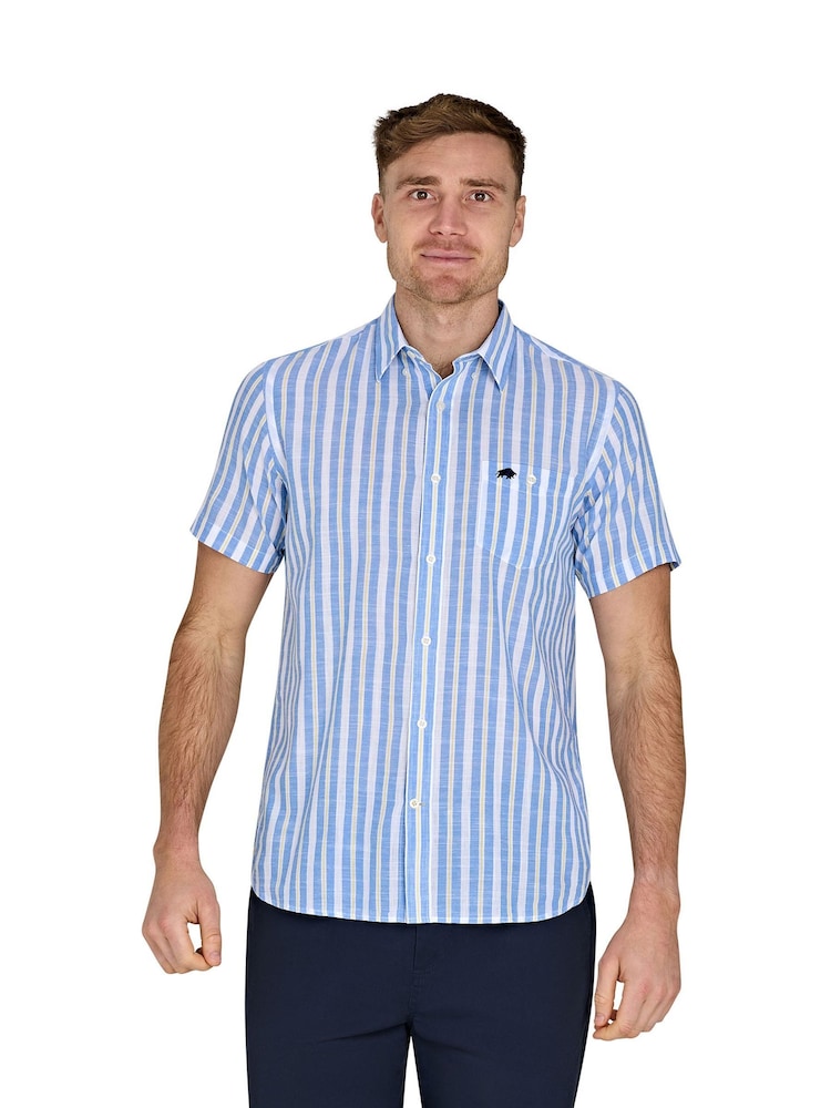 Raging Bull Blue Short Sleeve Multi Stripe 100% Cotton Linen Look Shirt - Image 2 of 6