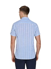 Raging Bull Blue Short Sleeve Multi Stripe 100% Cotton Linen Look Shirt - Image 3 of 6