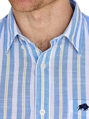 Raging Bull Blue Short Sleeve Multi Stripe 100% Cotton Linen Look Shirt - Image 4 of 6
