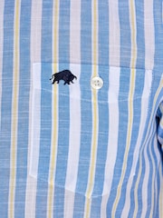 Raging Bull Blue Short Sleeve Multi Stripe 100% Cotton Linen Look Shirt - Image 5 of 6
