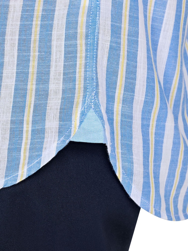 Raging Bull Blue Short Sleeve Multi Stripe 100% Cotton Linen Look Shirt - Image 6 of 6