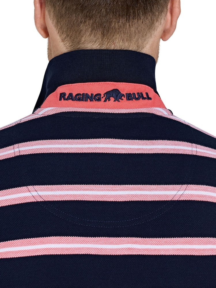 Raging Bull Blue 100% Cotton Trio Stripe Polo Shirt - Image 5 of 5