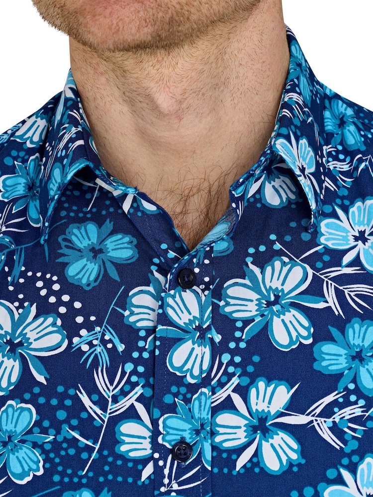Raging Bull Blue Short Sleeve Blossom 100% Cotton Shirt - Image 4 of 6