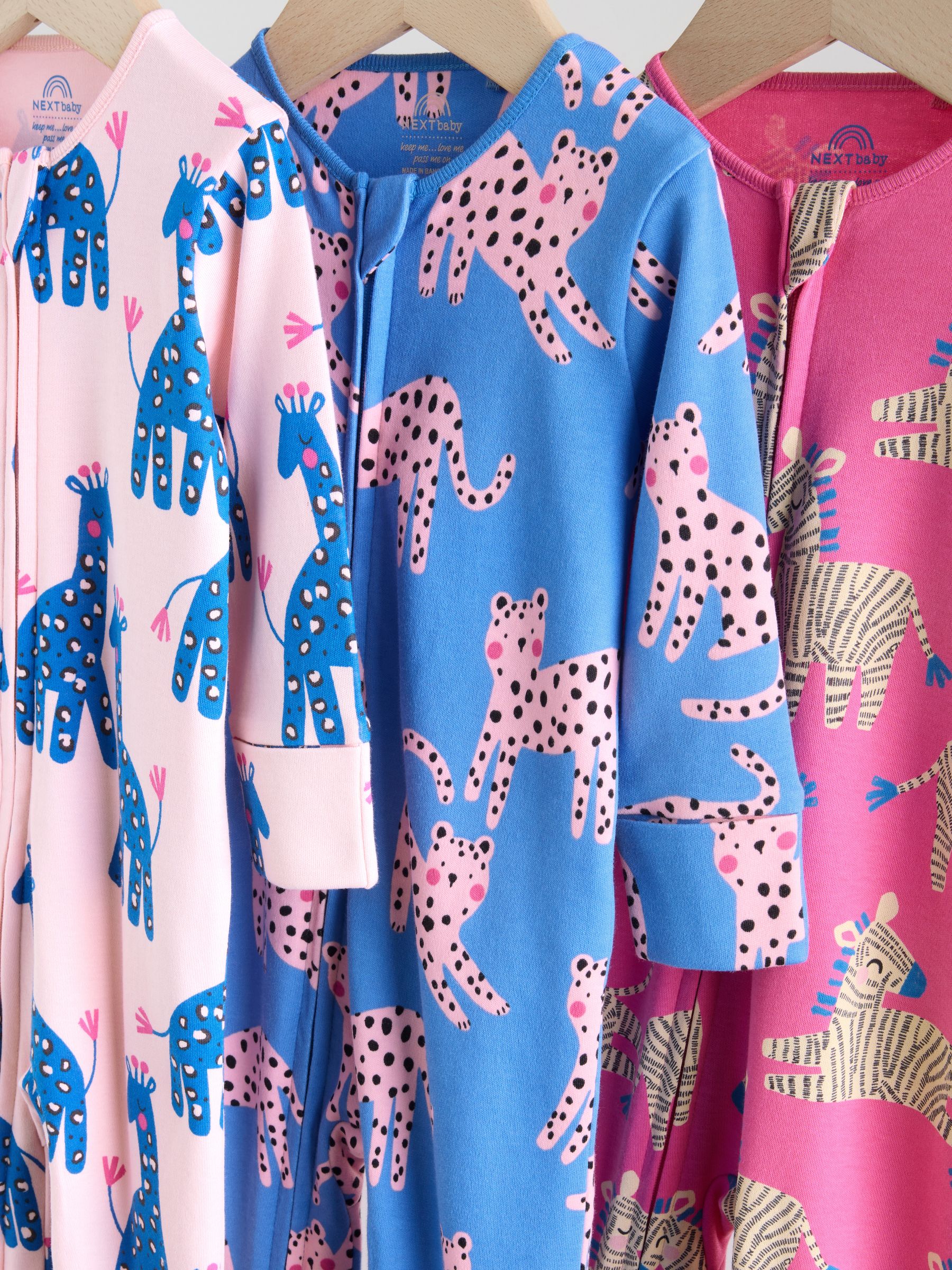 Blue/Pink Animal Character 3 Pack Two Way Zip Baby Sleepsuits