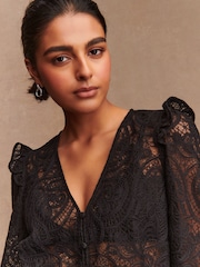 Black Paisley Lace V-Neck Blouse - Image 1 of 8
