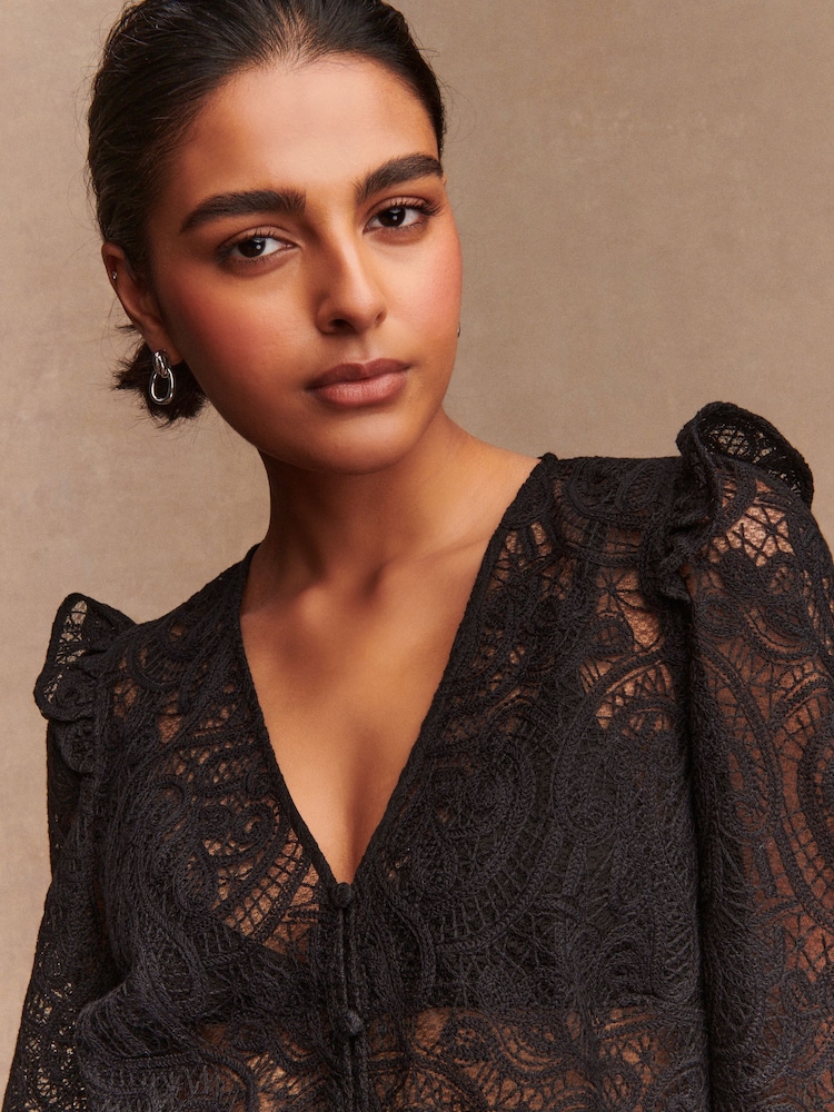 Black Paisley Lace V-Neck Blouse - Image 1 of 8