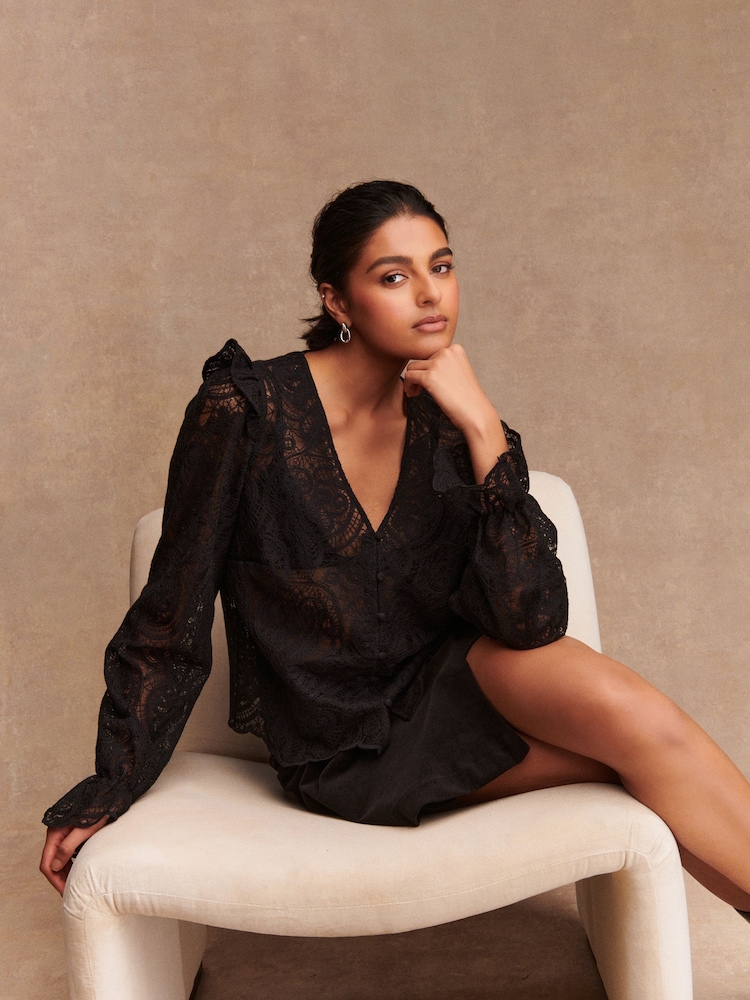 Black Paisley Lace V-Neck Blouse - Image 2 of 8