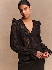 Black Paisley Lace V-Neck Blouse - Image 4 of 8