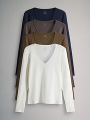 The Set Navy/Brown/Stripe/Cream 4 Pack V-Neck Ribbed Long Sleeve T-Shirts - Image 1 of 7