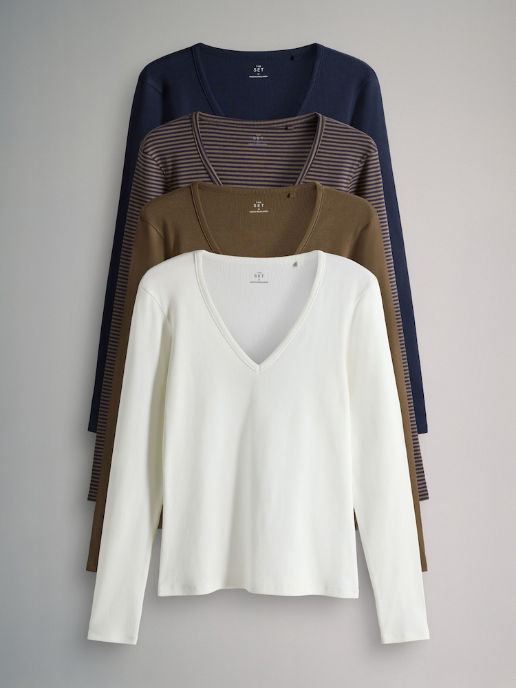 The Set Navy/Brown/Stripe/Cream 4 Pack V-Neck Ribbed Long Sleeve T-Shirts - Image 1 of 7